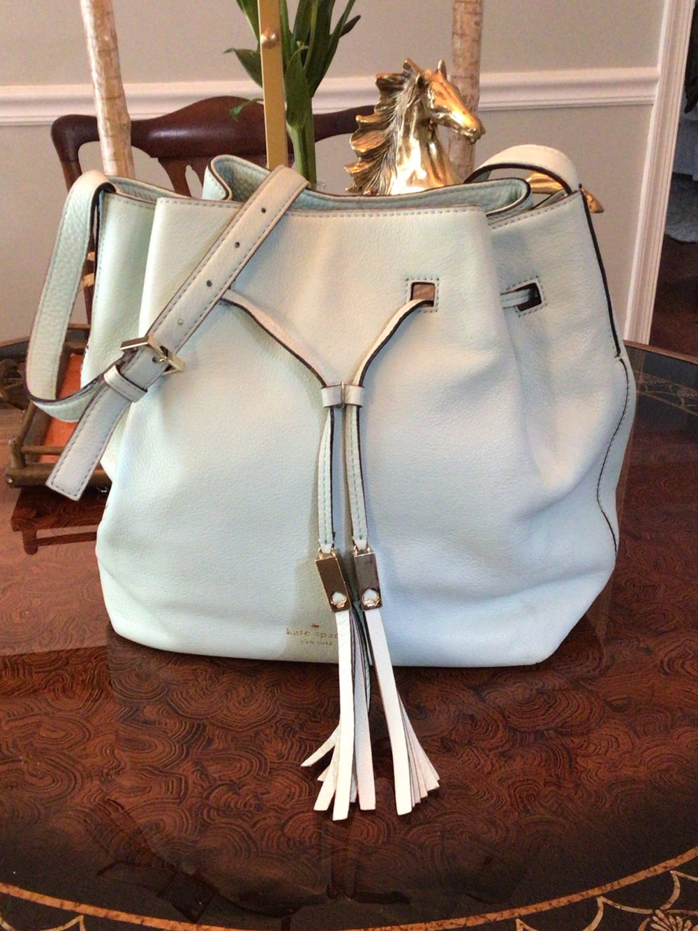 kate spade Blue Leather Drawstring Tassel Shoulder Bag